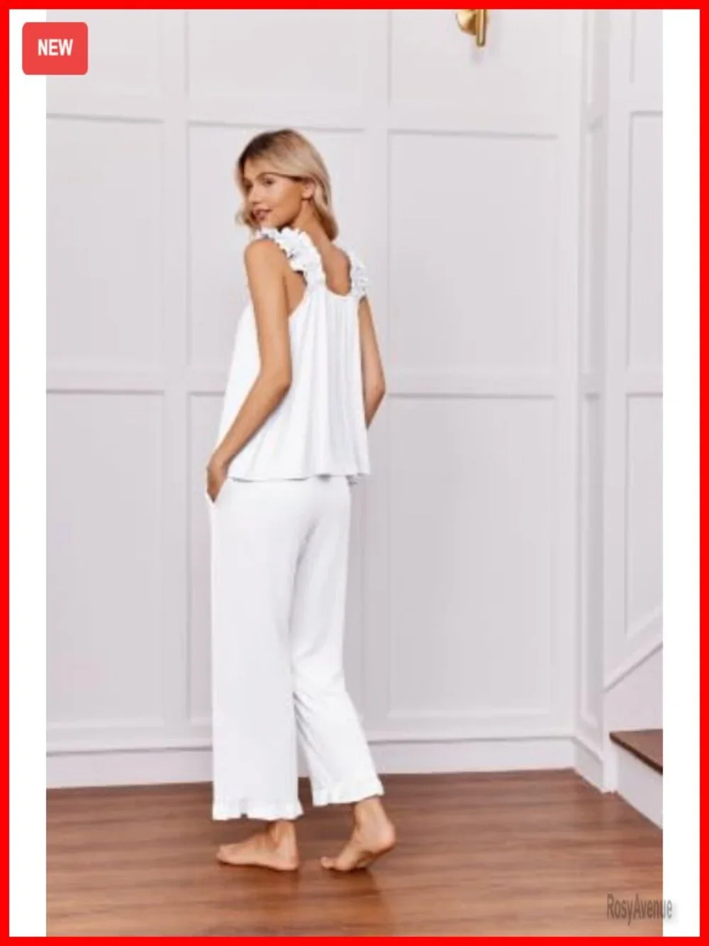 Sleeveless Tank Top and Pajama Set with Ruffle Trim, Soft Stretchy Sleepwear